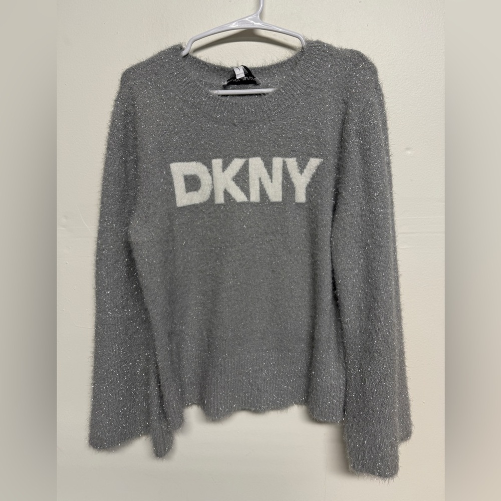 NWT DKNY Metallic Tinsel Sweater Sz Med Silver Grey Bold Logo Sparkly Holiday